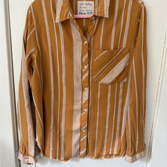 girl krazy Tops - Girl Krazy Mustard Striped Boyfriend Shirt Size L